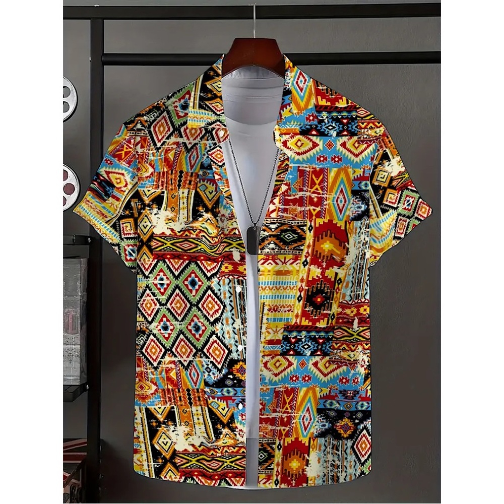 Retro Ethnic Creative Graphic Print Men's Top, Casual Non-Stretch Short Sleeve